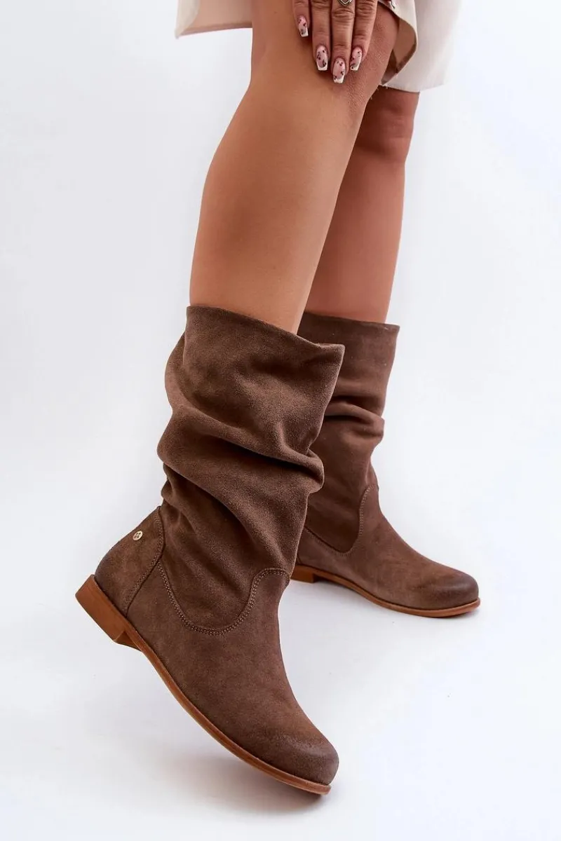 Damskie Zamszowe Kozaki 05057-14 Brązowe Damskie Kozaki Płaskie|Kozaki Zamszowe