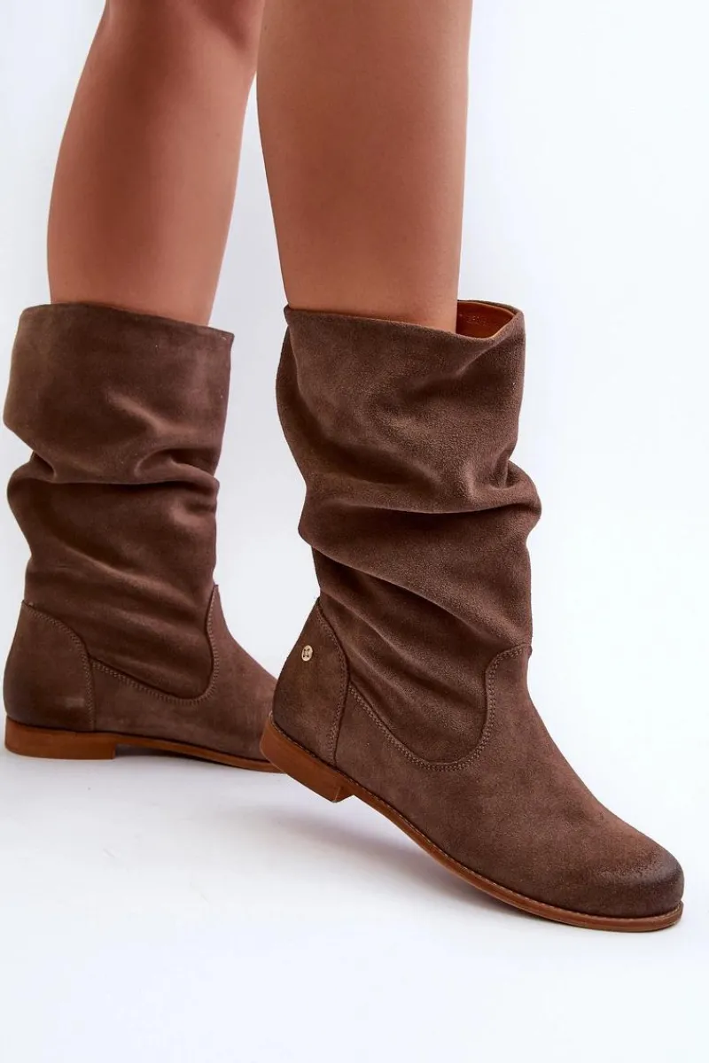 Damskie Zamszowe Kozaki 05057-14 Brązowe Damskie Kozaki Płaskie|Kozaki Zamszowe