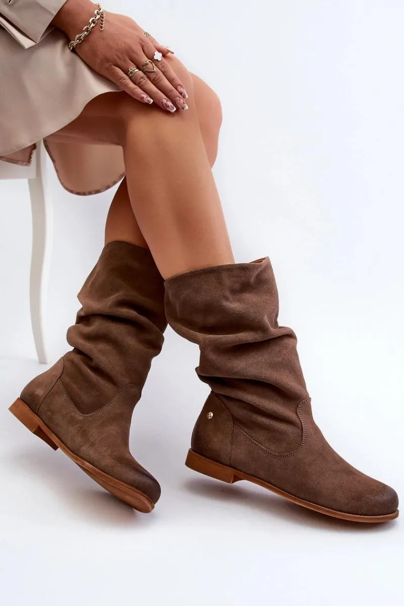 Damskie Zamszowe Kozaki 05057-14 Brązowe Damskie Kozaki Płaskie|Kozaki Zamszowe