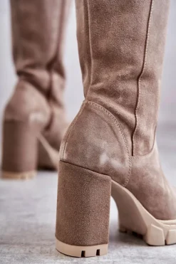 Outlet Boto Damskie Zamszowe Kozaki Muszkieterki Beżowe Georgette