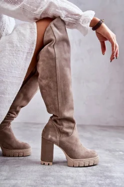 Outlet Boto Damskie Zamszowe Kozaki Muszkieterki Beżowe Georgette