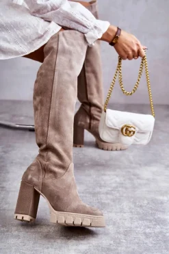 Outlet Boto Damskie Zamszowe Kozaki Muszkieterki Beżowe Georgette