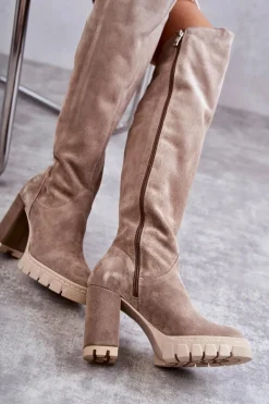 Outlet Boto Damskie Zamszowe Kozaki Muszkieterki Beżowe Georgette