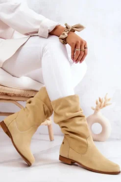 Online Damskie Zamszowe Kozaki 05057-07 Żółte Damskie Kozaki Płaskie|Kozaki Zamszowe