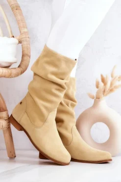 Online Damskie Zamszowe Kozaki 05057-07 Żółte Damskie Kozaki Płaskie|Kozaki Zamszowe