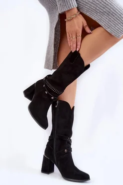 Kozaki Wiosenne|Kozaki Przed Kolano></noscript>Boto Damskie Zamszowe Kozaki Na Obcasie Lewski Shoes 2934/B Czarne