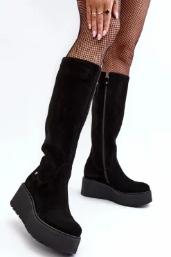 Kozaki Wiosenne|Kozaki Na Koturnie>Maciejka Damskie Zamszowe Kozaki Na Koturnie 05767-01 Czarne