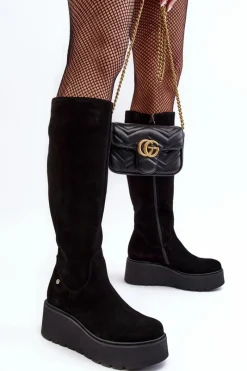 Kozaki Wiosenne|Kozaki Na Koturnie>Maciejka Damskie Zamszowe Kozaki Na Koturnie 05767-01 Czarne