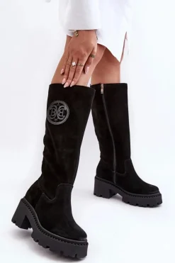 Damskie Zamszowe Kozaki Przed Kolano Czarne Lewski 3367 Damskie Kozaki Wiosenne|Kozaki Przed Kolano