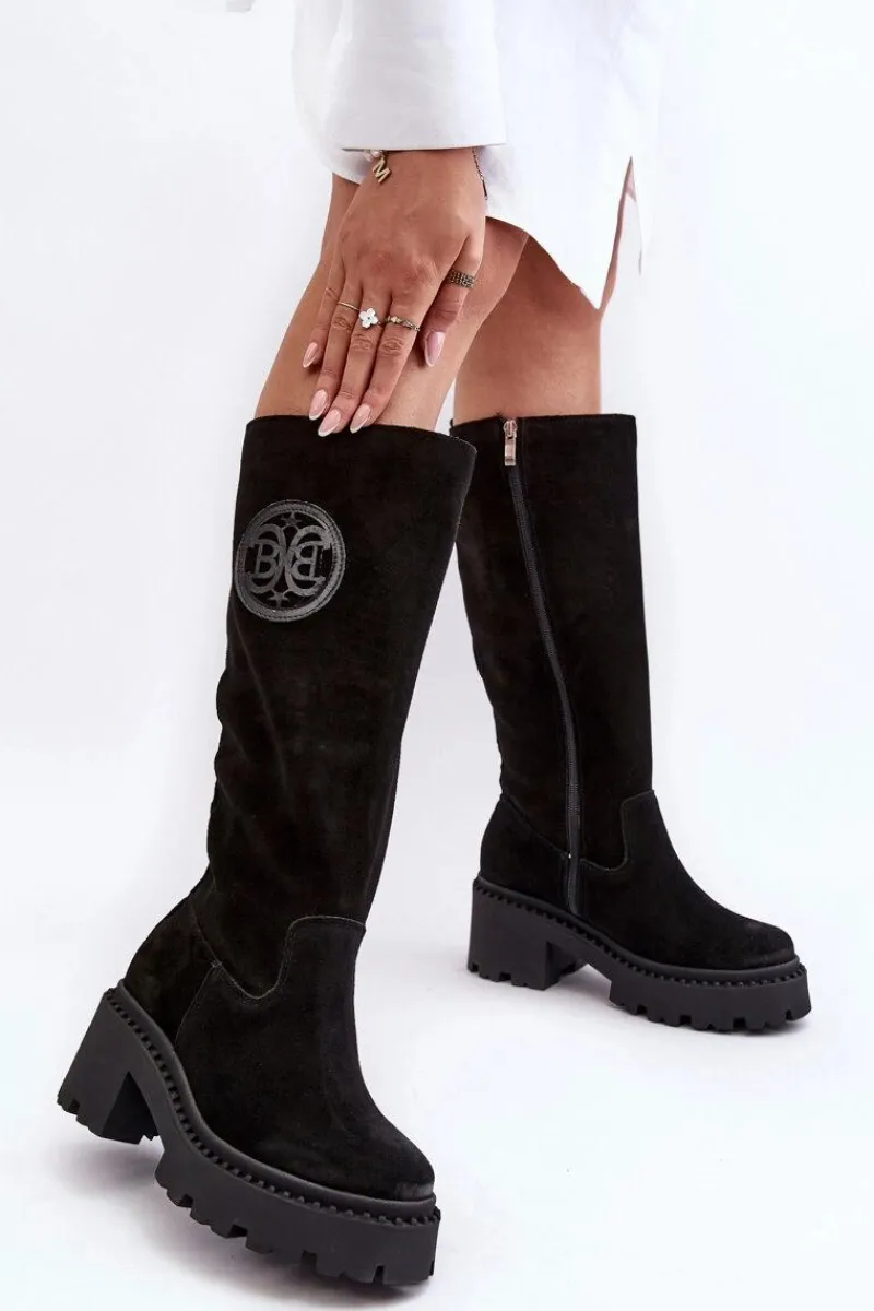 Damskie Zamszowe Kozaki Przed Kolano Czarne Lewski 3367 Damskie Kozaki Wiosenne|Kozaki Przed Kolano