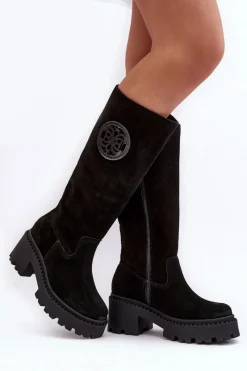 Damskie Zamszowe Kozaki Przed Kolano Czarne Lewski 3367 Damskie Kozaki Wiosenne|Kozaki Przed Kolano