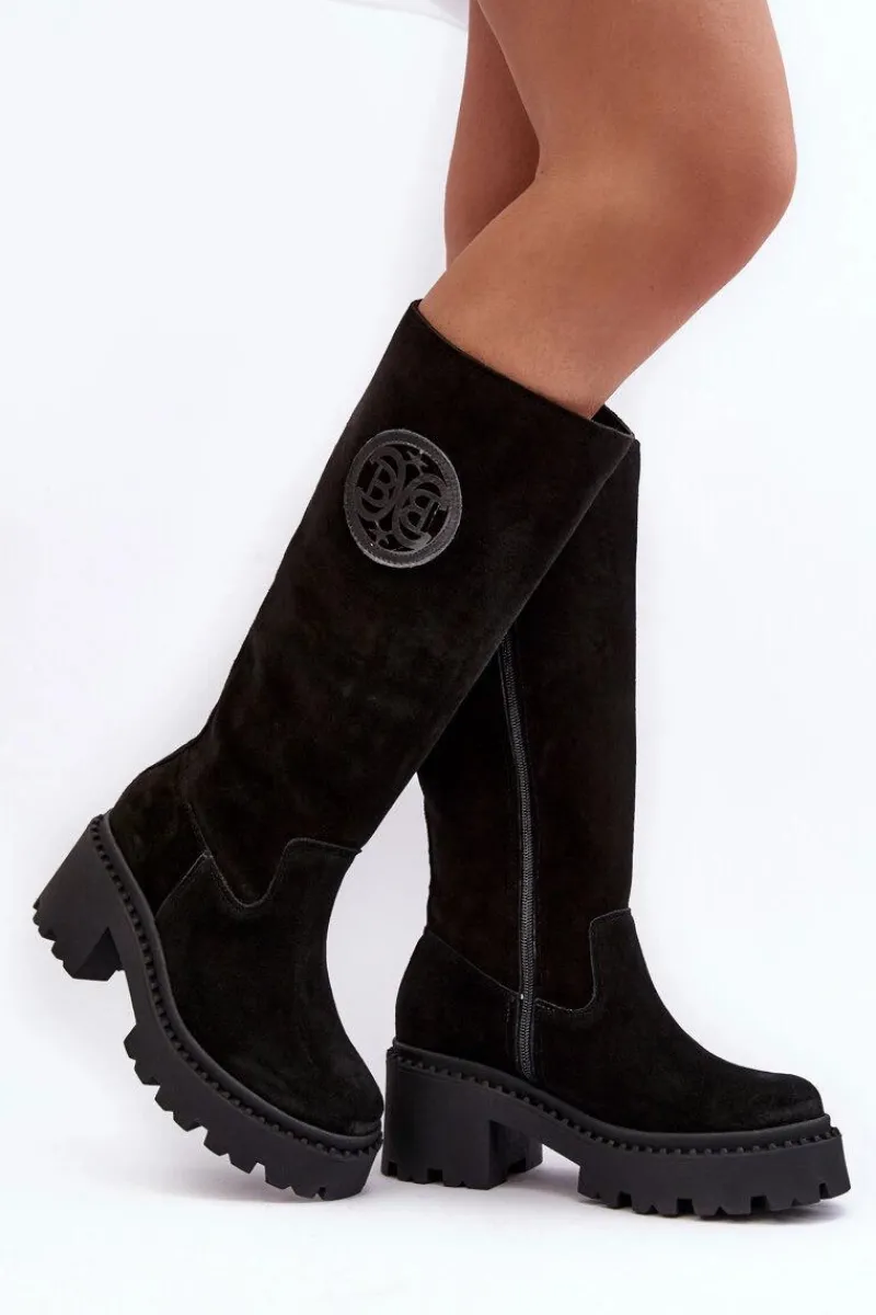 Damskie Zamszowe Kozaki Przed Kolano Czarne Lewski 3367 Damskie Kozaki Wiosenne|Kozaki Przed Kolano