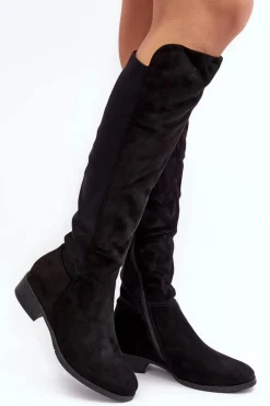 Best Damskie Zamszowe Kozaki Przed Kolano S.Barski HY27098A Czarne Damskie Kozaki Płaskie|Kozaki Przed Kolano