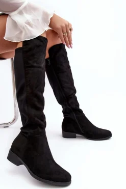 Best Damskie Zamszowe Kozaki Przed Kolano S.Barski HY27098A Czarne Damskie Kozaki Płaskie|Kozaki Przed Kolano