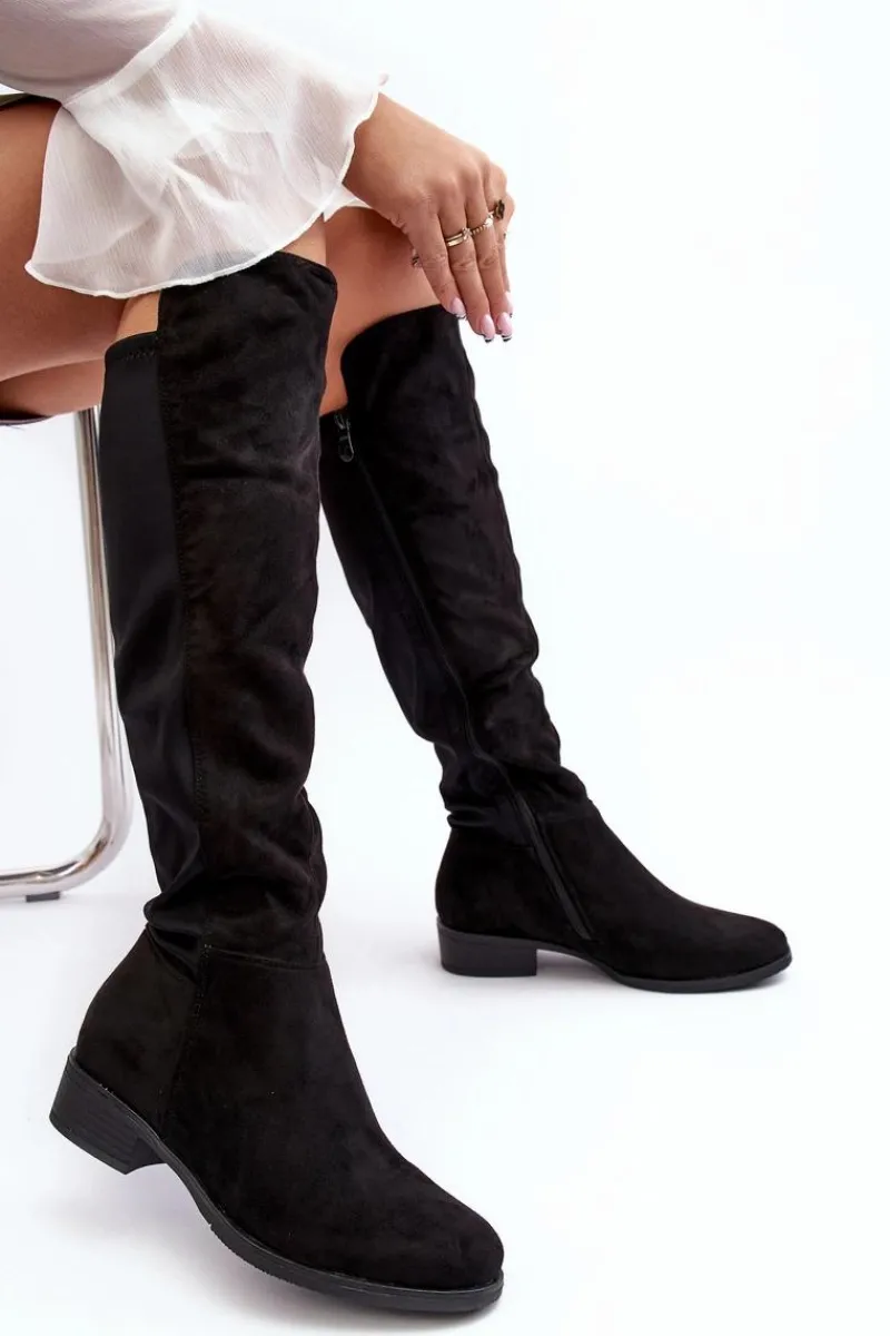 Best Damskie Zamszowe Kozaki Przed Kolano S.Barski HY27098A Czarne Damskie Kozaki Płaskie|Kozaki Przed Kolano