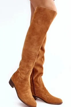 Discount Boto Damskie Zamszowe Kozaki Za Kolano Na Płaskim Obcasie Camel Hewanella