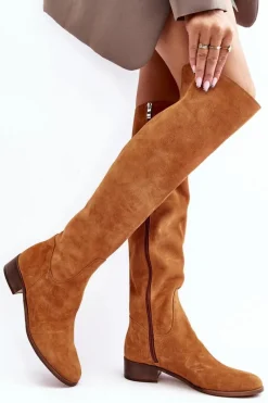 Discount Boto Damskie Zamszowe Kozaki Za Kolano Na Płaskim Obcasie Camel Hewanella