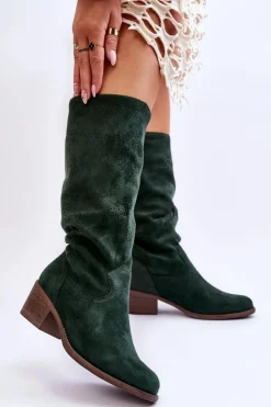 Online Boto Damskie Zamszowe Kozaki Z Ażurowym Wzorem Zielone Enrissa