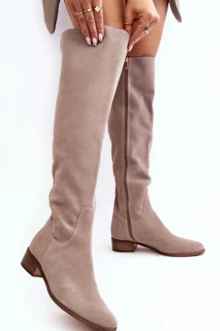 Discount Damskie Zamszowe Kozaki Za Kolano Na Płaskim Obcasie Beżowe Hewanella Damskie Muszkieterki|Kozaki Za Kolano