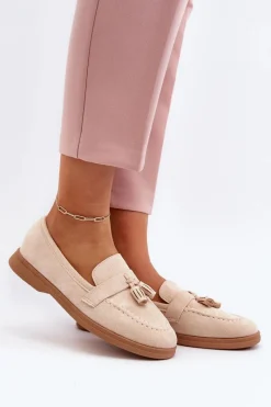 Outlet Boto Damskie Zamszowe Mokasyny Beżowe Dansitu