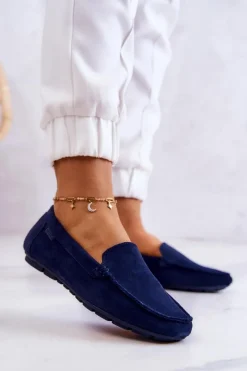 New Damskie Zamszowe Mokasyny Big Star JJ274659 Granatowe Damskie Mokasyny Damskie Zamszowe
