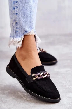 Sale Boto Damskie Zamszowe Mokasyny Z Łańcuszkiem Czarne Nolie