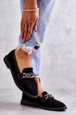 Sale Boto Damskie Zamszowe Mokasyny Z Łańcuszkiem Czarne Nolie