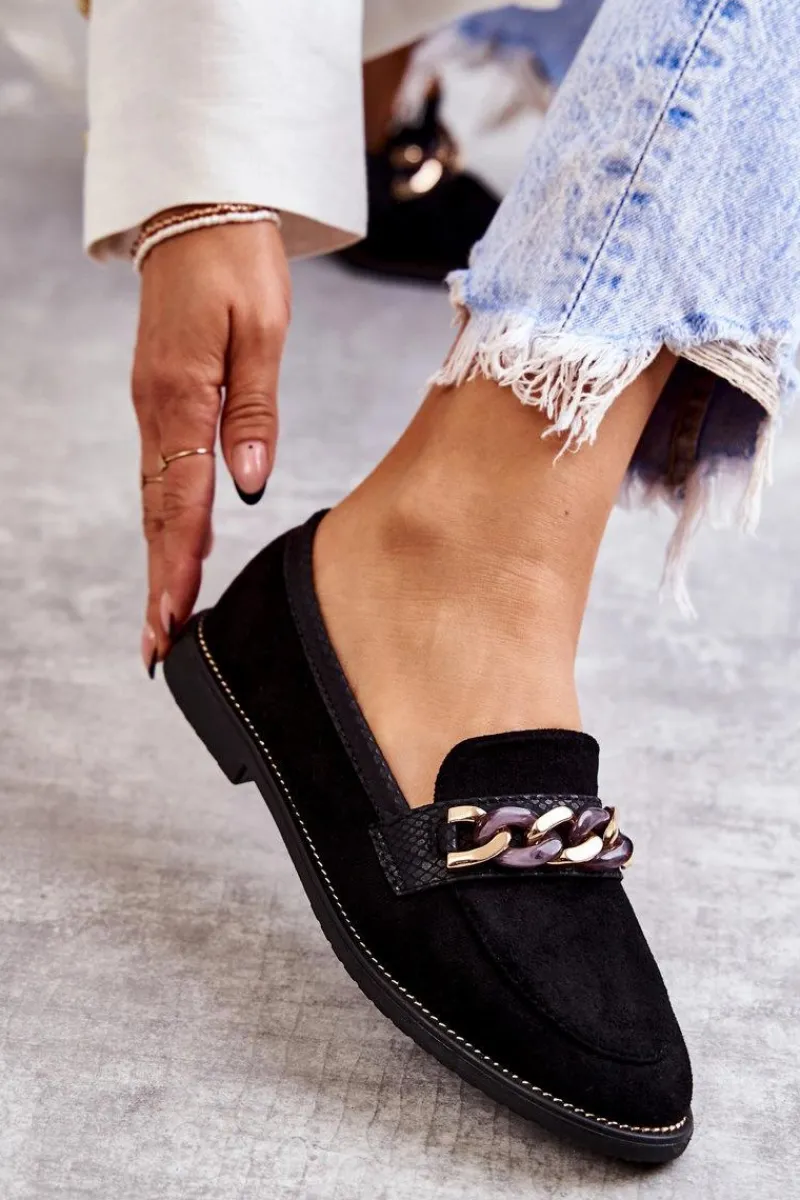 Sale Boto Damskie Zamszowe Mokasyny Z Łańcuszkiem Czarne Nolie