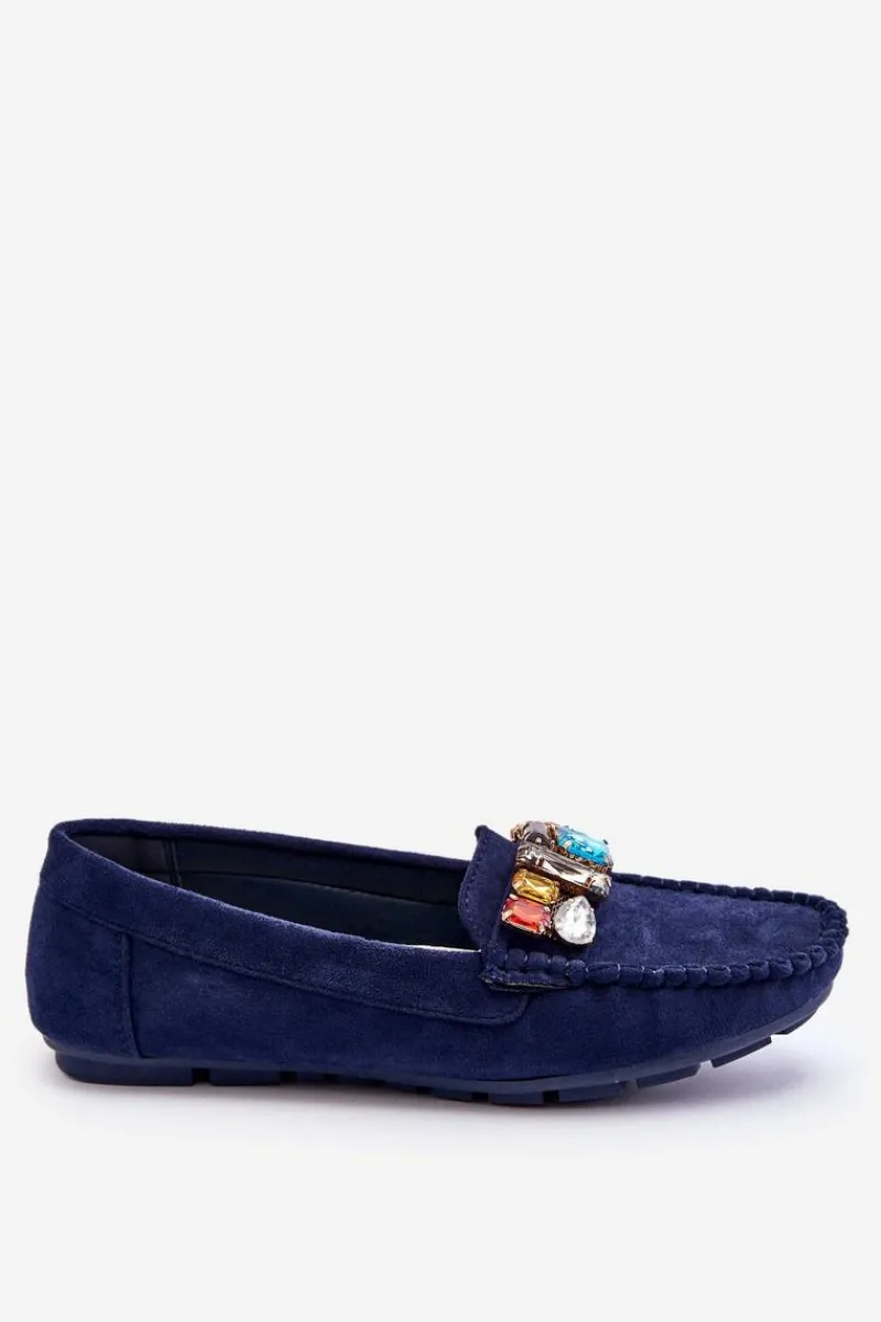 Sale Damskie Zamszowe Mokasyny Z Kryształkami Granatowe Lucille Damskie Loafersy Damskie|Mokasyny Damskie Zamszowe