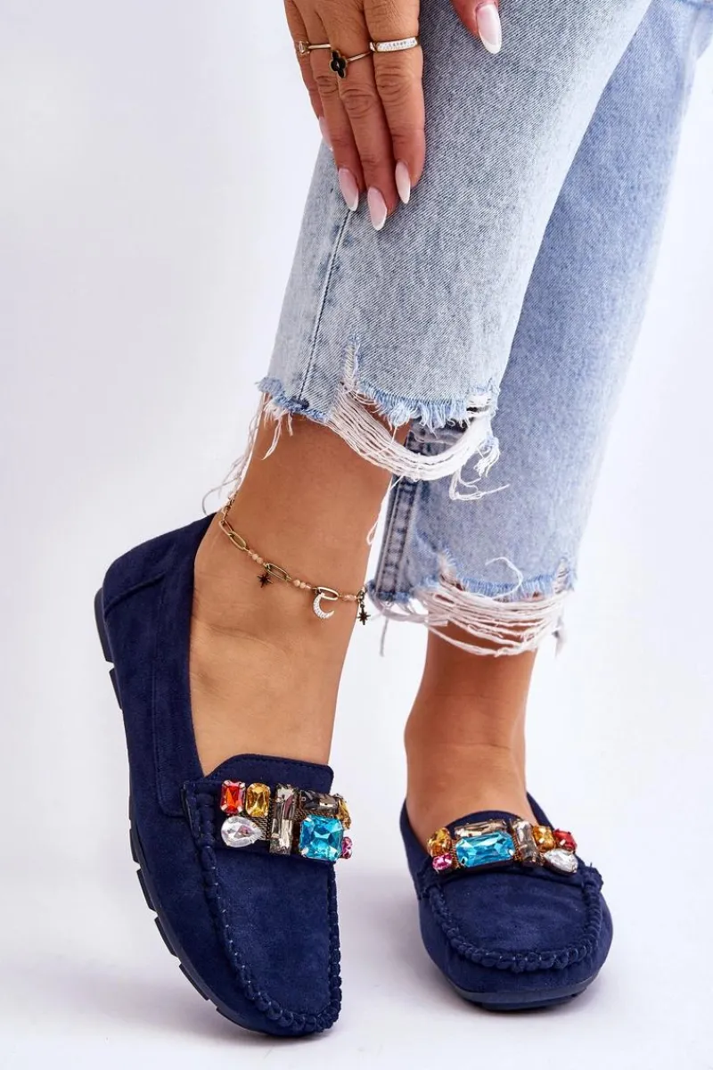 Sale Damskie Zamszowe Mokasyny Z Kryształkami Granatowe Lucille Damskie Loafersy Damskie|Mokasyny Damskie Zamszowe