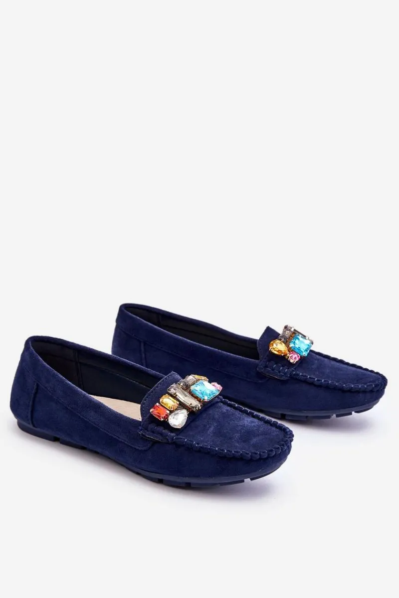 Sale Damskie Zamszowe Mokasyny Z Kryształkami Granatowe Lucille Damskie Loafersy Damskie|Mokasyny Damskie Zamszowe