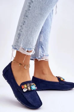 Sale Damskie Zamszowe Mokasyny Z Kryształkami Granatowe Lucille Damskie Loafersy Damskie|Mokasyny Damskie Zamszowe