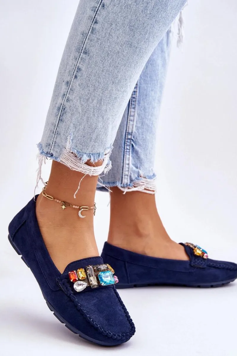 Sale Damskie Zamszowe Mokasyny Z Kryształkami Granatowe Lucille Damskie Loafersy Damskie|Mokasyny Damskie Zamszowe