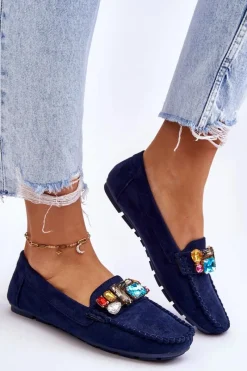Sale Damskie Zamszowe Mokasyny Z Kryształkami Granatowe Lucille Damskie Loafersy Damskie|Mokasyny Damskie Zamszowe