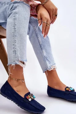 Sale Damskie Zamszowe Mokasyny Z Kryształkami Granatowe Lucille Damskie Loafersy Damskie|Mokasyny Damskie Zamszowe
