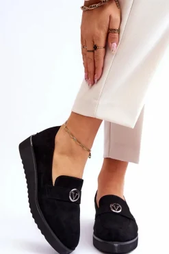 Outlet Damskie Zamszowe Mokasyny Na Niskim Koturnie Czarne Synthia Damskie Mokasyny Damskie Zamszowe