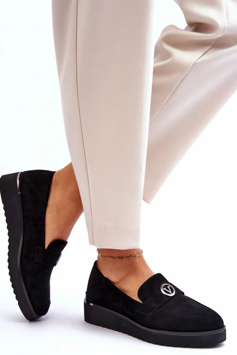 Outlet Damskie Zamszowe Mokasyny Na Niskim Koturnie Czarne Synthia Damskie Mokasyny Damskie Zamszowe