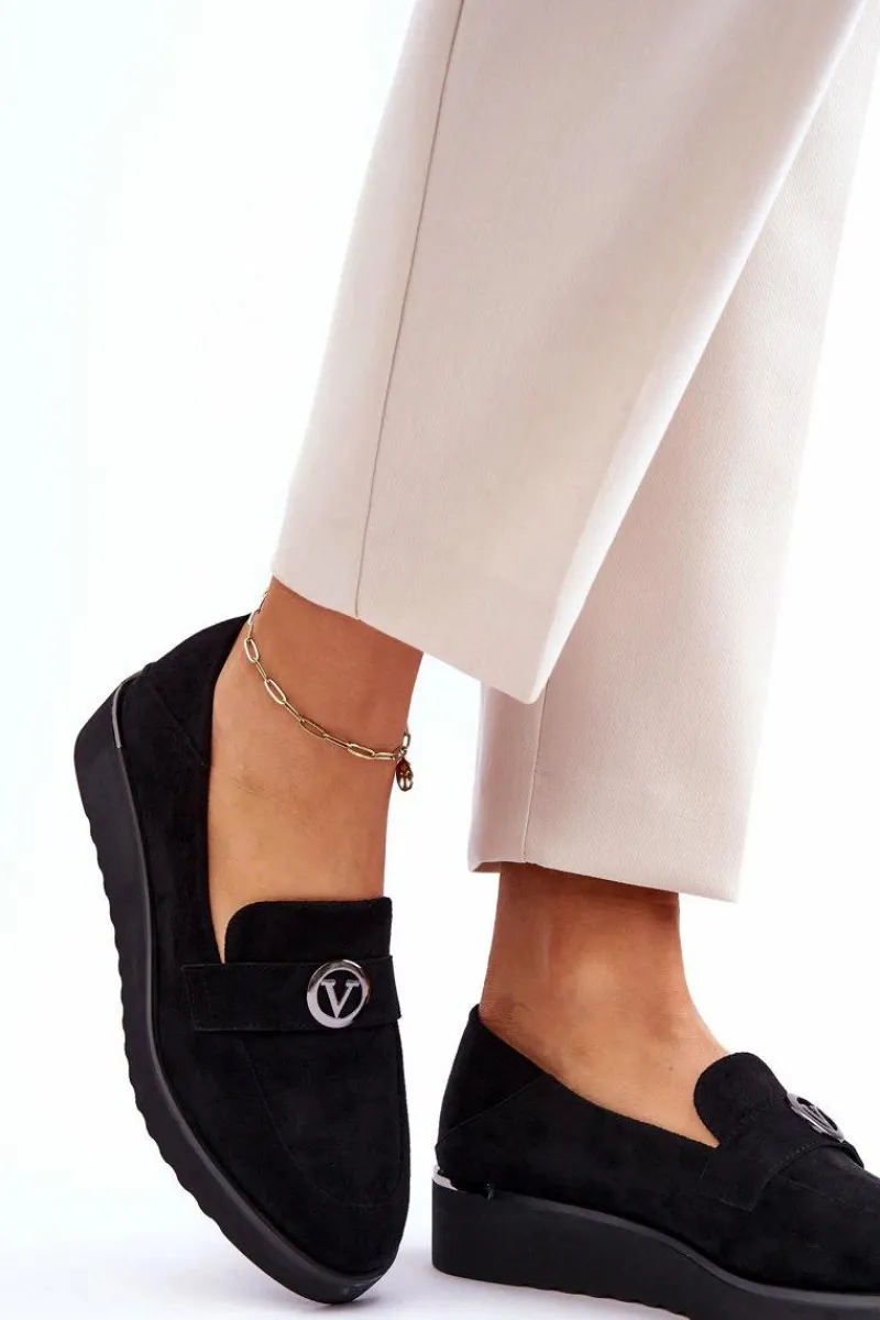 Outlet Damskie Zamszowe Mokasyny Na Niskim Koturnie Czarne Synthia Damskie Mokasyny Damskie Zamszowe