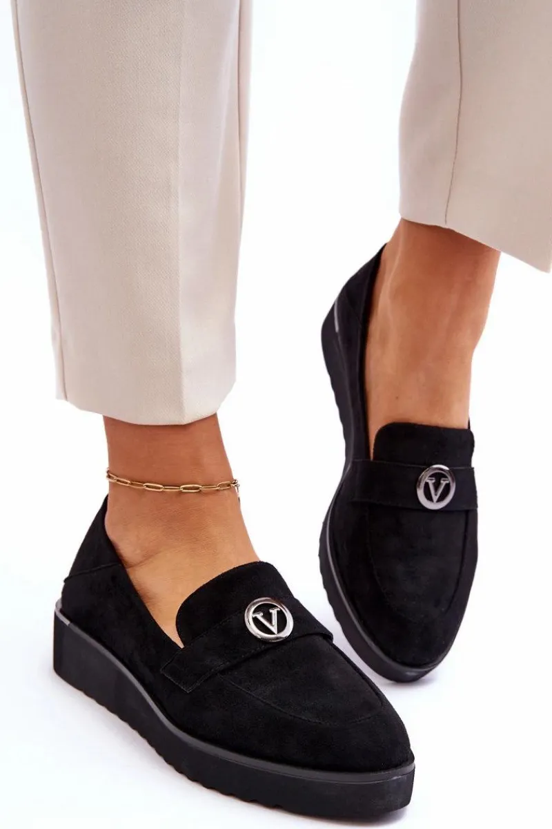 Outlet Damskie Zamszowe Mokasyny Na Niskim Koturnie Czarne Synthia Damskie Mokasyny Damskie Zamszowe