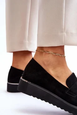 Outlet Damskie Zamszowe Mokasyny Na Niskim Koturnie Czarne Synthia Damskie Mokasyny Damskie Zamszowe