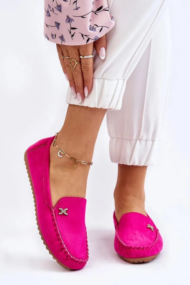Discount Damskie Zamszowe Mokasyny Z Ozdobą Fuksja Leah Damskie Mokasyny Damskie Zamszowe