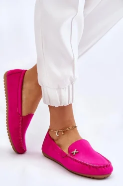 Discount Damskie Zamszowe Mokasyny Z Ozdobą Fuksja Leah Damskie Mokasyny Damskie Zamszowe