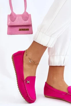 Discount Damskie Zamszowe Mokasyny Z Ozdobą Fuksja Leah Damskie Mokasyny Damskie Zamszowe