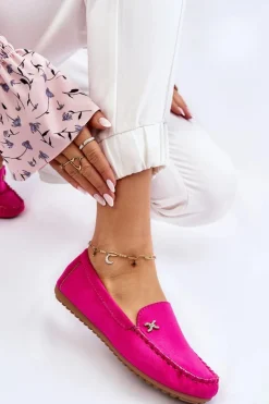 Discount Damskie Zamszowe Mokasyny Z Ozdobą Fuksja Leah Damskie Mokasyny Damskie Zamszowe