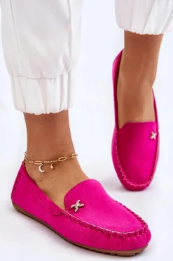 Discount Damskie Zamszowe Mokasyny Z Ozdobą Fuksja Leah Damskie Mokasyny Damskie Zamszowe