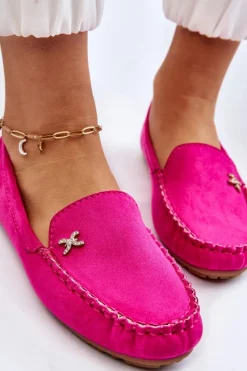 Discount Damskie Zamszowe Mokasyny Z Ozdobą Fuksja Leah Damskie Mokasyny Damskie Zamszowe