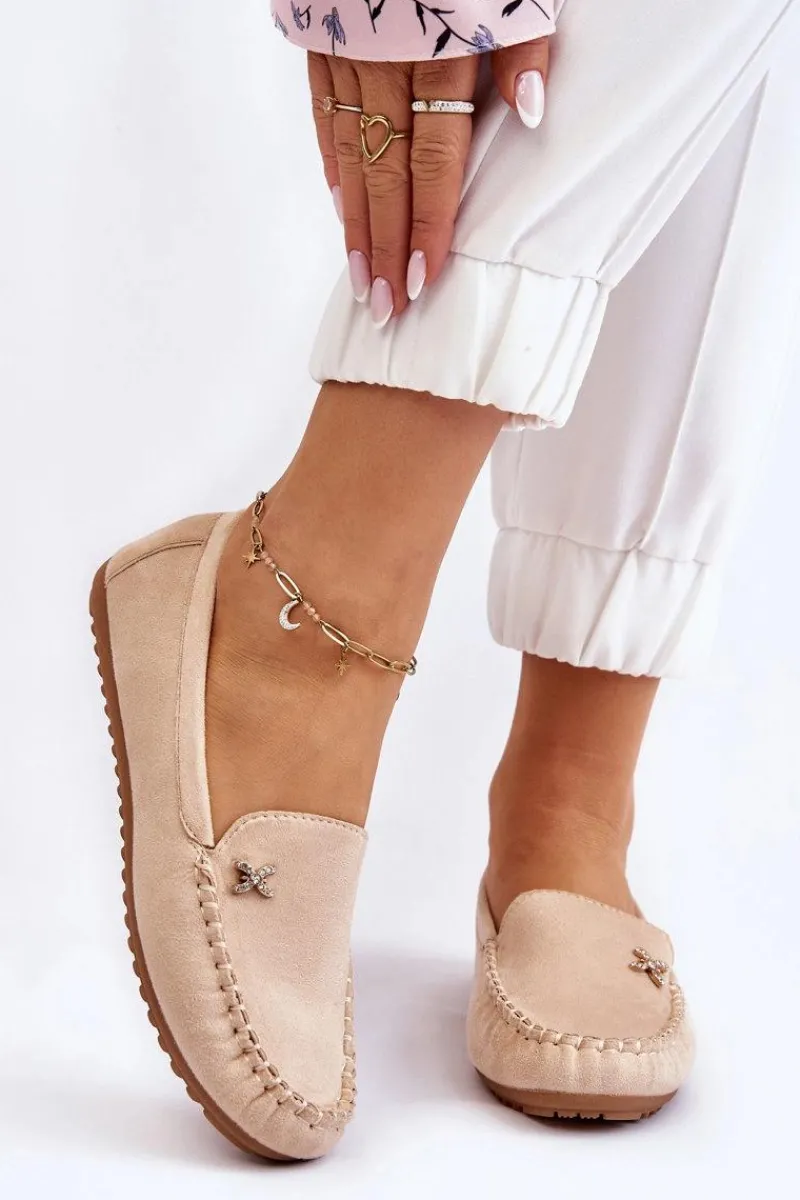 Clearance Boto Damskie Zamszowe Mokasyny Z Ozdobą Beżowe Leah