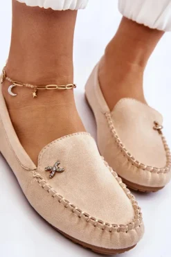 Clearance Boto Damskie Zamszowe Mokasyny Z Ozdobą Beżowe Leah