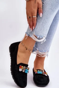 Loafersy Damskie|Mokasyny Damskie Zamszowe>Evento Damskie Zamszowe Mokasyny Z Kryształkami Czarne Lucille