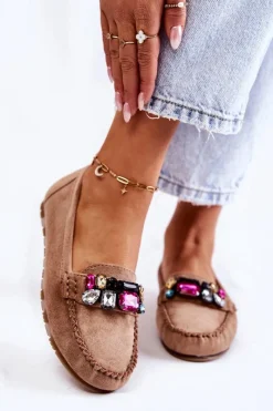 Sale Boto Damskie Zamszowe Mokasyny Z Ozdobami Beżowe Janetta